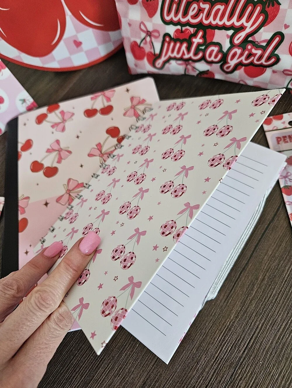 Cherry-Print 8-Piece Stationery Set + Bag Charm - Home School Office Supplies